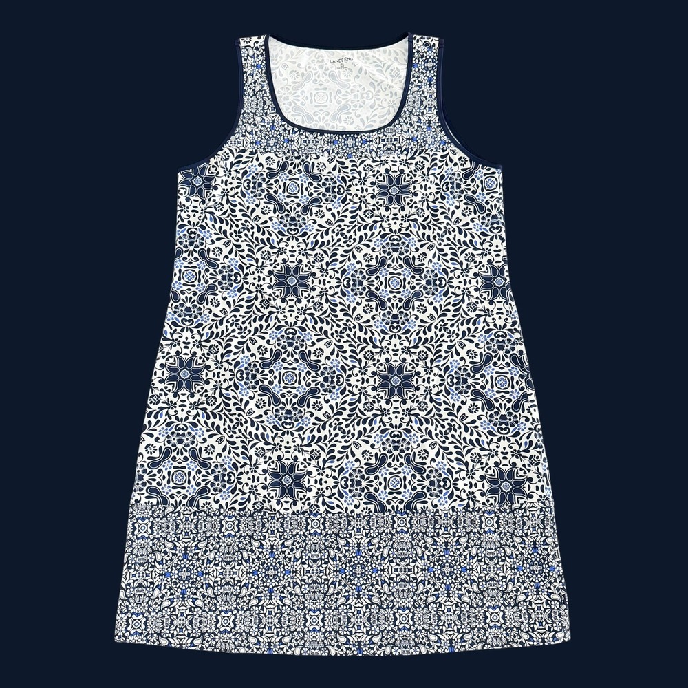 Lands' End Sleeveless Shift Tank Dress L 14-16 Blue White Beach Coastal Summer